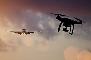 a large drone equipped with a camera flying very close to a commercial airplane since it is already covered under a really good drone insurance policy