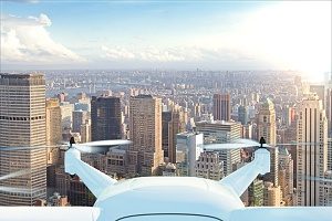 drone being used in the entertainment industry to film a city scape for a movie
